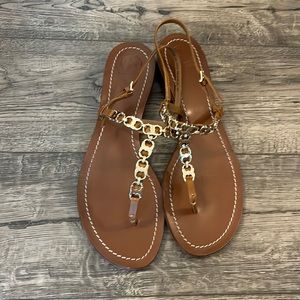 TORY BURCH Gemini Link Gold T-Strap Leather Sandals Size 10